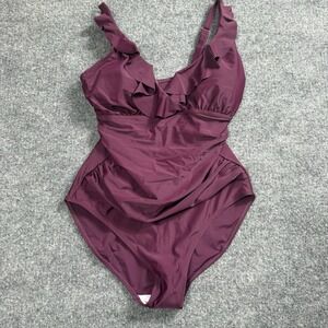 Plum Purple Ruffle One Piece Swimsuit Ruched Tummy Control V-Neck Bathing Suit